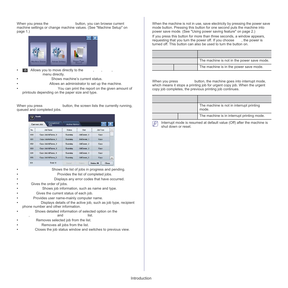 Power saver, Machine setup button, Job status button | Power saver button, Interrupt button | Samsung SCX-5835FN-XAR User Manual | Page 23 / 147