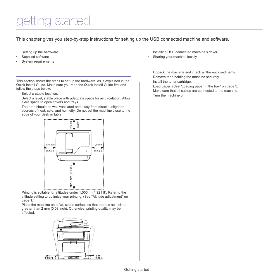 Getting started, Setting up the hardware | Samsung SCX-5835FN-XAR User Manual | Page 24 / 147