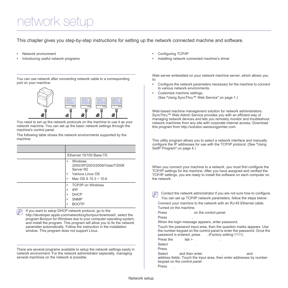 Network setup, Network environment, Introducing useful network programs | Configuring tcp/ip, Syncthru™ web service, Syncthru™ web admin service, Setip, Setting the network address | Samsung SCX-5835FN-XAR User Manual | Page 30 / 147