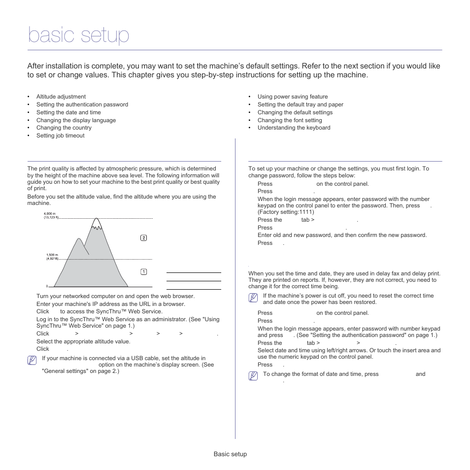 Basic setup, Altitude adjustment, Setting the authentication password | Setting the date and time, Altitude adjustment" on | Samsung SCX-5835FN-XAR User Manual | Page 33 / 147