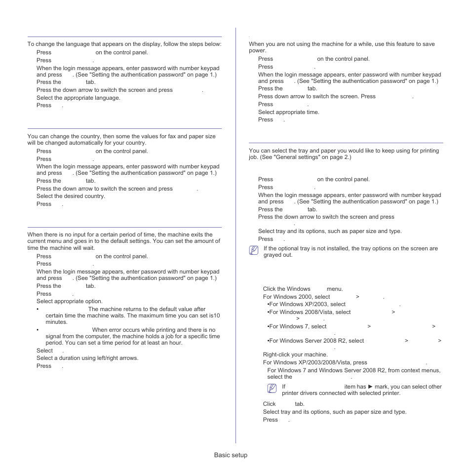 Changing the display language, Changing the country, Setting job timeout | Using power saving feature, Setting the default tray and paper | Samsung SCX-5835FN-XAR User Manual | Page 34 / 147