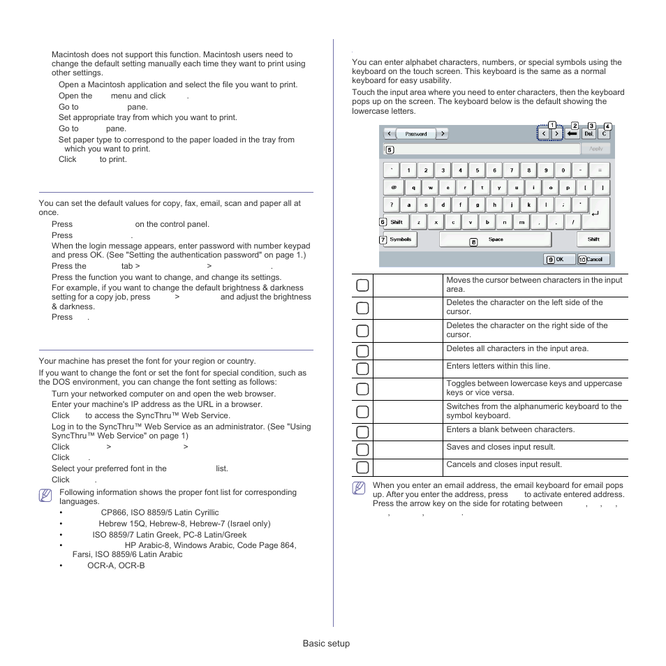 Changing the default settings, Changing the font setting, Understanding the keyboard | Macintosh | Samsung SCX-5835FN-XAR User Manual | Page 35 / 147