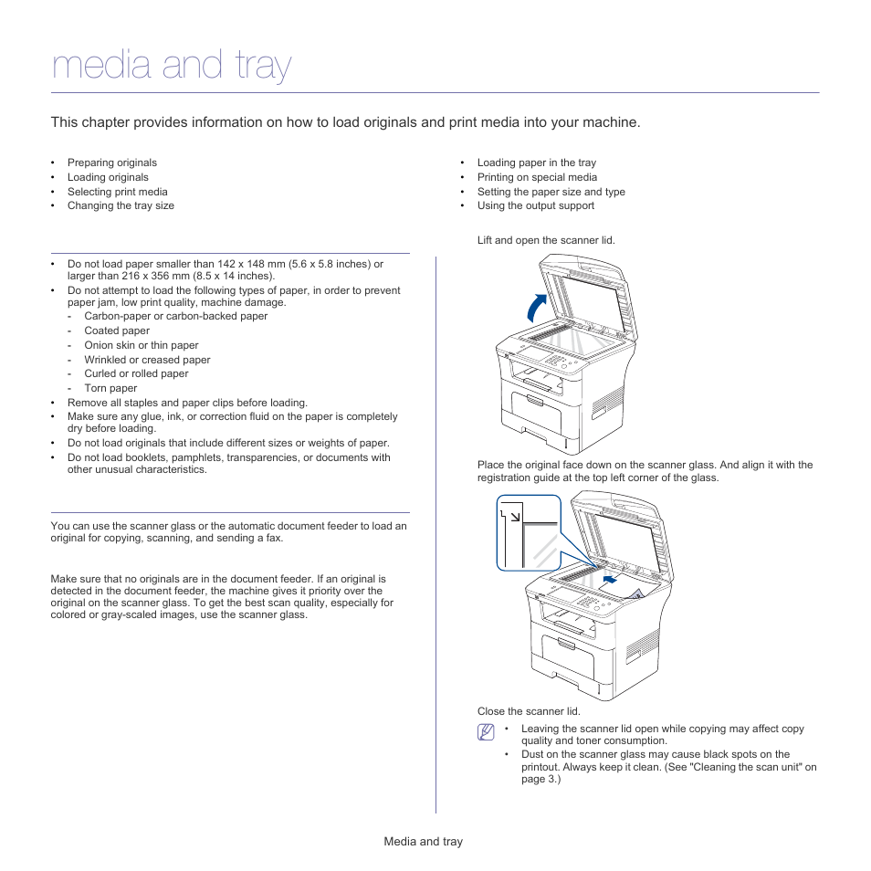 Media and tray, Preparing originals, Loading originals | On the scanner glass | Samsung SCX-5835FN-XAR User Manual | Page 36 / 147