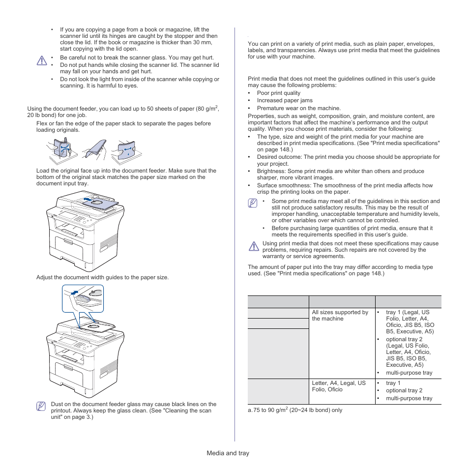 Selecting print media, Guidelines to select the print media, Media sizes supported in each mode | Samsung SCX-5835FN-XAR User Manual | Page 37 / 147