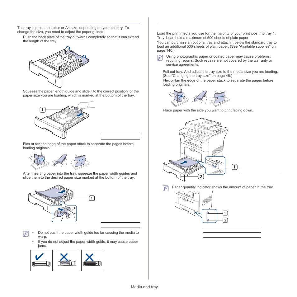 Changing the tray size, Loading paper in the tray, Tray 1 / optional tray | Samsung SCX-5835FN-XAR User Manual | Page 38 / 147