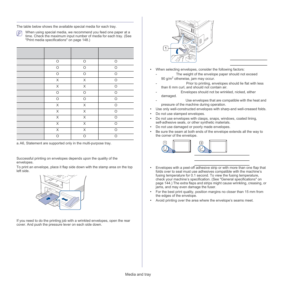 Printing on special media, Printing on special media" on, Envelope | Samsung SCX-5835FN-XAR User Manual | Page 40 / 147