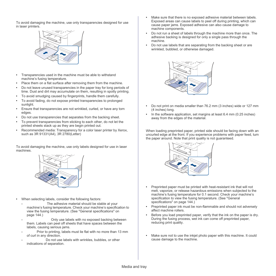 Transparency, Labels, Card stock/ custom-sized paper | Preprinted paper, Photo | Samsung SCX-5835FN-XAR User Manual | Page 41 / 147