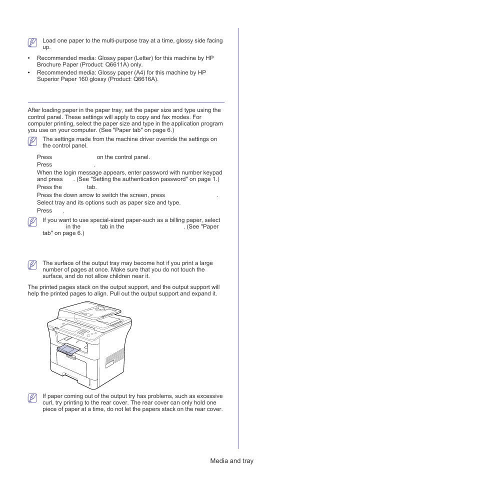 Setting the paper size and type, Using the output support, Glossy | Samsung SCX-5835FN-XAR User Manual | Page 42 / 147