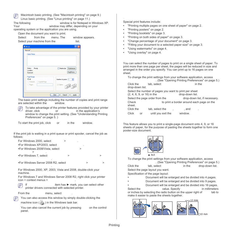 Using special print features, Canceling a print job, Printing multiple pages on one sheet of paper | Printing posters | Samsung SCX-5835FN-XAR User Manual | Page 44 / 147