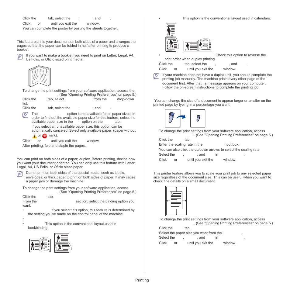 Printing on both sides of, Printing booklets, Printing on both sides of paper | Change percentage of your document, Fitting your document to a selected paper size | Samsung SCX-5835FN-XAR User Manual | Page 45 / 147