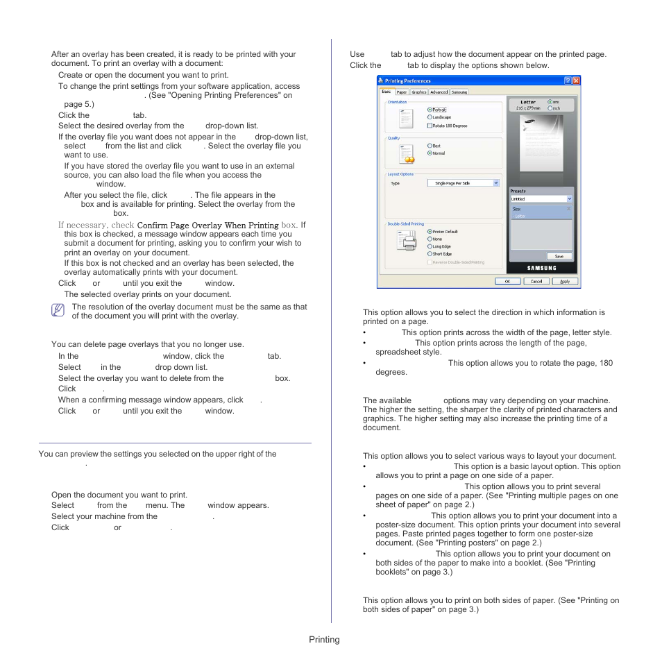 Understanding printing preferences, Opening printing, Understanding printing | See "opening printing preferences" on, Opening printing preferences, Basic tab | Samsung SCX-5835FN-XAR User Manual | Page 47 / 147