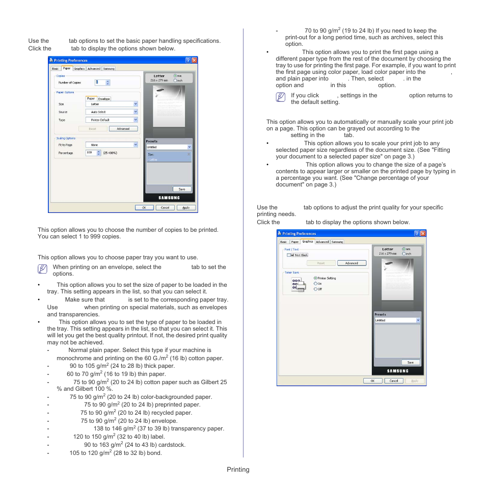 Paper, Paper tab, Graphics tab | Samsung SCX-5835FN-XAR User Manual | Page 48 / 147