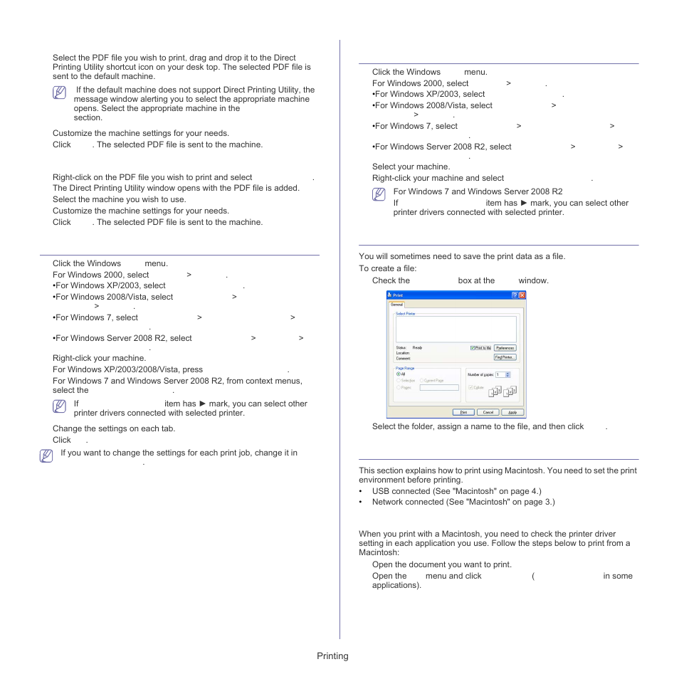 Changing the default print settings, Setting your machine as a default machine, Printing to a file (prn) | Macintosh printing, Using the shortcut icon, Using the right-click menu, Printing a document | Samsung SCX-5835FN-XAR User Manual | Page 51 / 147