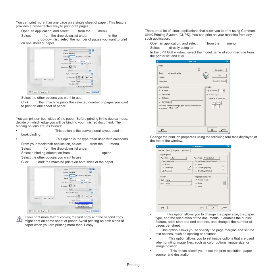 Linux printing, Printing multiple pages on one sheet of paper, Printing on both sides of paper | Printing from applications | Samsung SCX-5835FN-XAR User Manual | Page 53 / 147