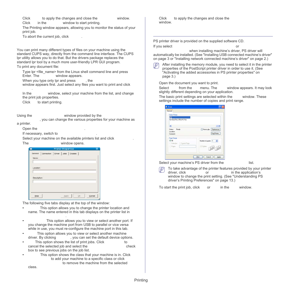 Printing with ps driver, Printing files, Configuring printer properties | Samsung SCX-5835FN-XAR User Manual | Page 54 / 147