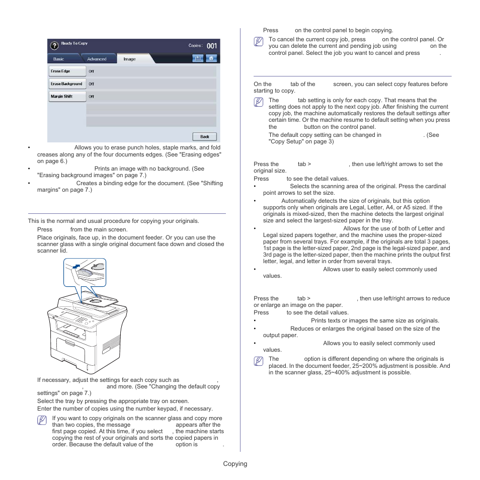 Basic copy, Changing the settings for each copy, Selecting the size | Image tab, Selecting the size of originals, Reducing or enlarging copies | Samsung SCX-5835FN-XAR User Manual | Page 57 / 147