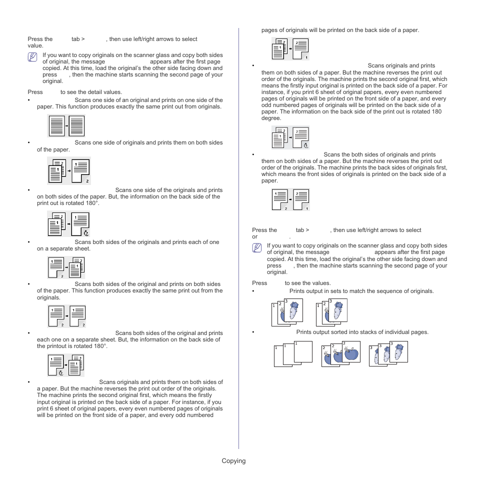 Copying on both sides of originals, Deciding the form of copy output | Samsung SCX-5835FN-XAR User Manual | Page 58 / 147