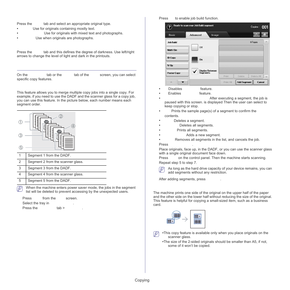 Using special copy features, Selecting the type of originals" on, Merging multiple jobs as a single | Selecting the type of originals, Changing the darkness, Merging multiple jobs as a single copy, Id card copying | Samsung SCX-5835FN-XAR User Manual | Page 59 / 147