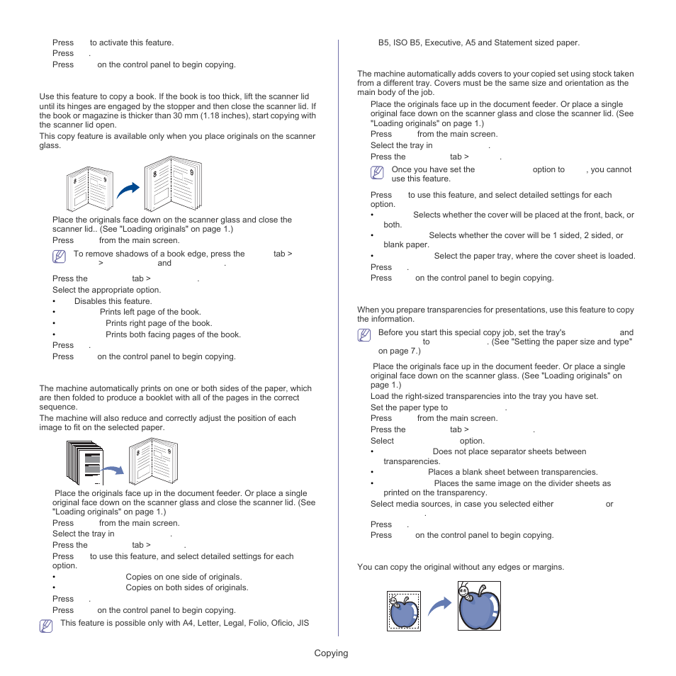 Book copying" on, Erasing edges, Book copying | Booklet copying, Cover copying, Transparency copying | Samsung SCX-5835FN-XAR User Manual | Page 61 / 147