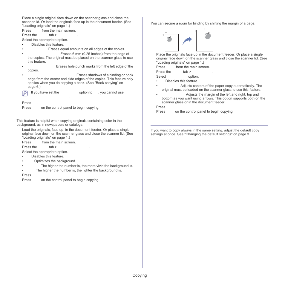 Changing the default copy settings, Shifting, Changing the default copy | Erasing background images, Shifting margins | Samsung SCX-5835FN-XAR User Manual | Page 62 / 147