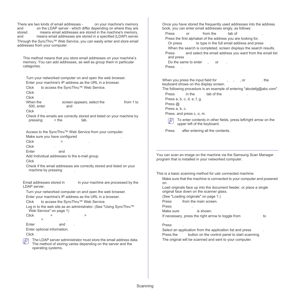 Global" on, Storing email addresses, For usb connected machine | Samsung SCX-5835FN-XAR User Manual | Page 67 / 147