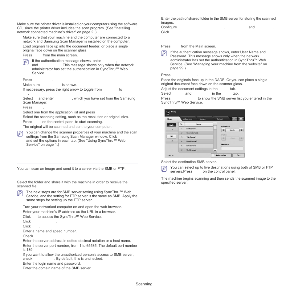 Scanning originals and sending, Scanning originals and, For network connected machine | Preparation for scanning to smb/ftp, Scanning and sending to smb/ftp server | Samsung SCX-5835FN-XAR User Manual | Page 68 / 147