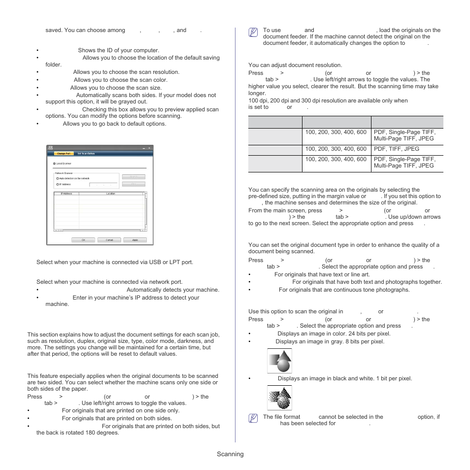 Changing the scan feature settings, Color, Change port tab | Duplex, Resolution, Original size, Original type, Color mode | Samsung SCX-5835FN-XAR User Manual | Page 70 / 147