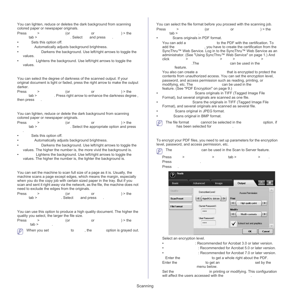 Scan to, See "quality" on, File | Erase background, Darkness, Scan to edge, Quality, File format, Pdf encryption | Samsung SCX-5835FN-XAR User Manual | Page 71 / 147