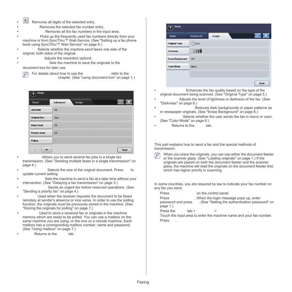 Sending a fax, Advanced tab, Image tab | Setting the fax header | Samsung SCX-5835FN-XAR User Manual | Page 77 / 147