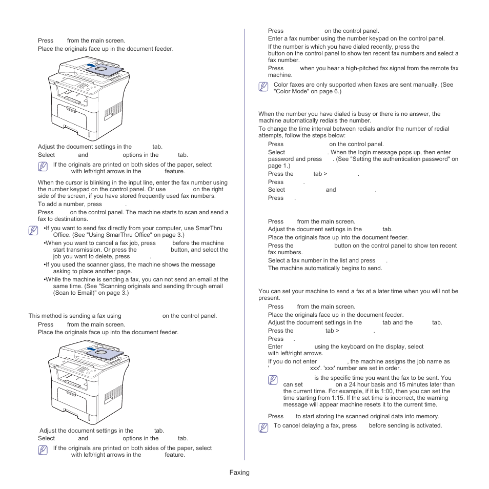 Sending a fax, Sending a fax manually, Resending automatically | Redialing the last number, Delaying a fax transmission | Samsung SCX-5835FN-XAR User Manual | Page 78 / 147