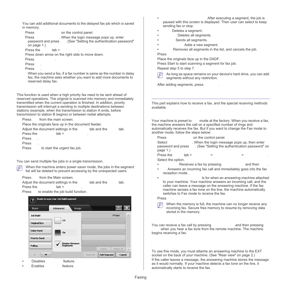 Receiving a fax, Sending a priority fax, Sending multiple faxes in a single transmission | Changing the receive modes, Receiving manually in telephone mode | Samsung SCX-5835FN-XAR User Manual | Page 79 / 147