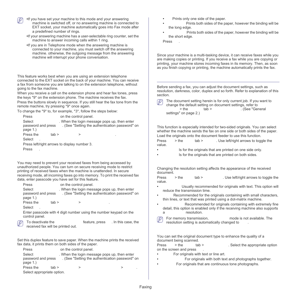 Adjusting the document settings, Receiving in secure receiving mode, Printing received faxes on both sides of the paper | Duplex, Resolution, Original type | Samsung SCX-5835FN-XAR User Manual | Page 80 / 147