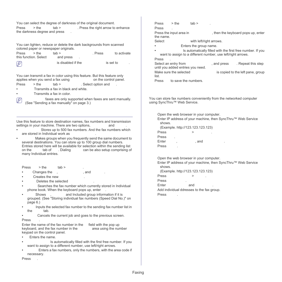 Setting up a fax phone book, See "setting up a fax phone book" on, Setting up a fax phone | Darkness, Erase background, Color mode, Storing individual fax numbers (speed dial no.), Storing group fax numbers (group no.) | Samsung SCX-5835FN-XAR User Manual | Page 81 / 147