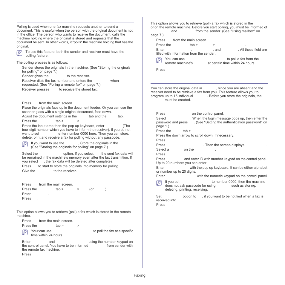 Using the polling option, Using mailbox, Storing the originals for polling | Printing (deleting) the polling document, Polling a remote fax, Polling from a remote mailbox, Creating mailbox | Samsung SCX-5835FN-XAR User Manual | Page 82 / 147