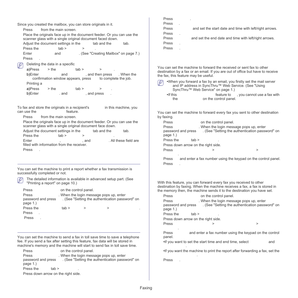 Printing a report after sending a fax, Sending a fax in toll save time, Forwarding a fax to other destination | Storing originals in mailbox, Faxing to a remote mailbox | Samsung SCX-5835FN-XAR User Manual | Page 83 / 147