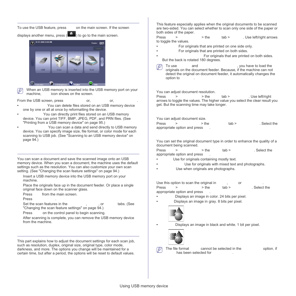 Understanding the usb screen, Scanning to an usb memory device, Changing the scan feature settings | Duplex, Resolution, Original size, Original type, Color mode | Samsung SCX-5835FN-XAR User Manual | Page 86 / 147