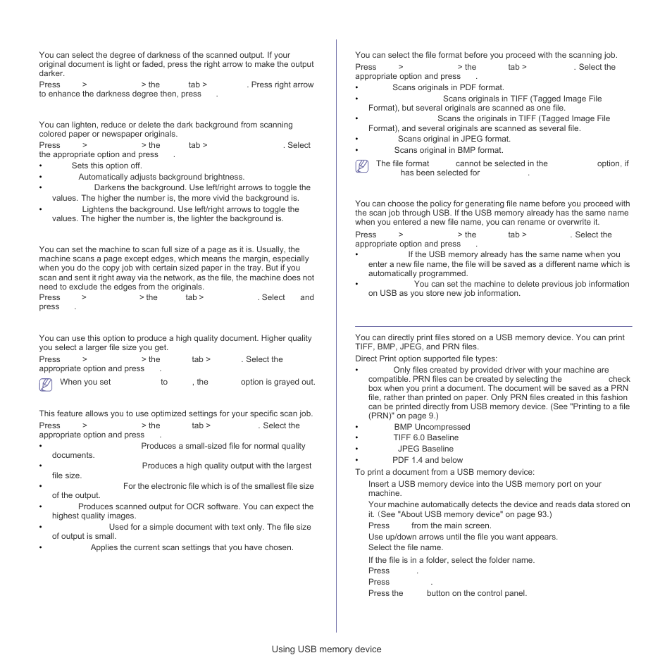 Printing from a usb memory device, Darkness, Erase background | Scan to edge, Quality, Scan preset, File format, File policy | Samsung SCX-5835FN-XAR User Manual | Page 87 / 147