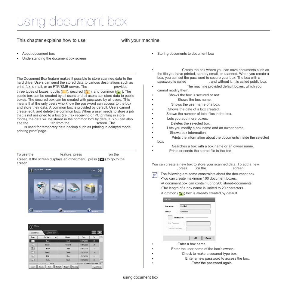 Using document box, About document box, Understanding the document box screen | Using document box" on, See "using document box" on, Document box screen, Box adding screen | Samsung SCX-5835FN-XAR User Manual | Page 88 / 147