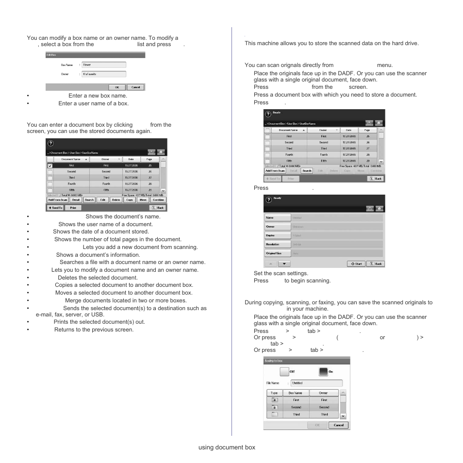 Storing documents to document box, Edit a box screen, Document list screen | Storing documents from document box, Storing documents during copy, scan, fax function | Samsung SCX-5835FN-XAR User Manual | Page 89 / 147