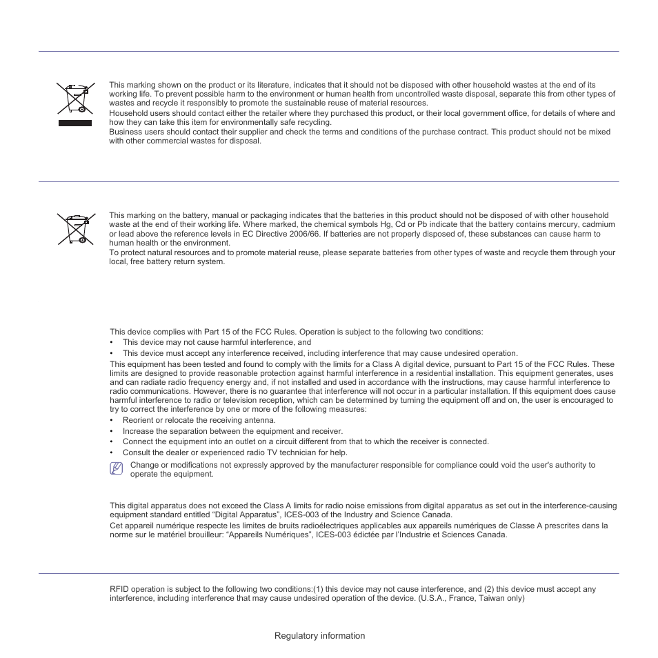 Correct disposal of batteries in this product, Radio frequency emissions, Rfid (radio frequency interface device) | Samsung SCX-5835FN-XAR User Manual | Page 9 / 147