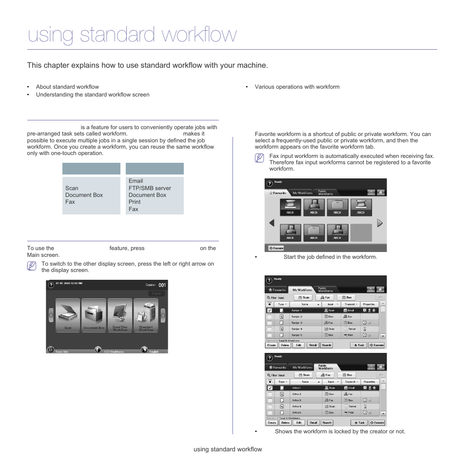 Using standard workflow, About standard workflow, Understanding the standard workflow screen | Workflow screen | Samsung SCX-5835FN-XAR User Manual | Page 91 / 147