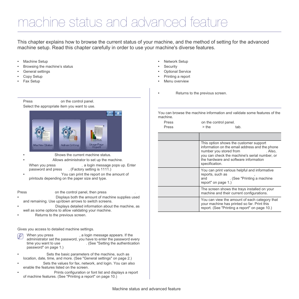 Machine status and advanced feature, Machine setup, Browsing the machine’s status | Machine status screen, Admin setting screen | Samsung SCX-5835FN-XAR User Manual | Page 94 / 147