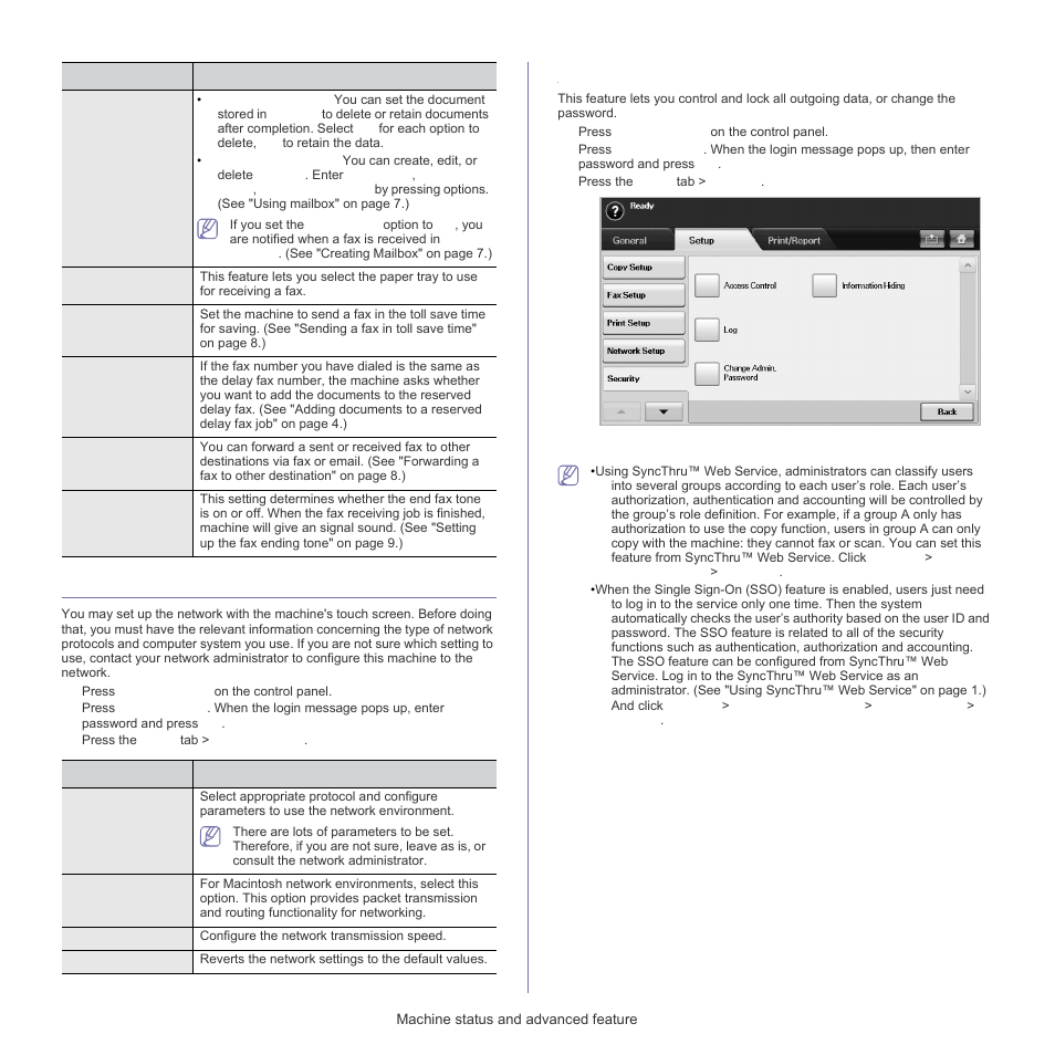 Network setup, Security, Access control | Samsung SCX-5835FN-XAR User Manual | Page 98 / 147