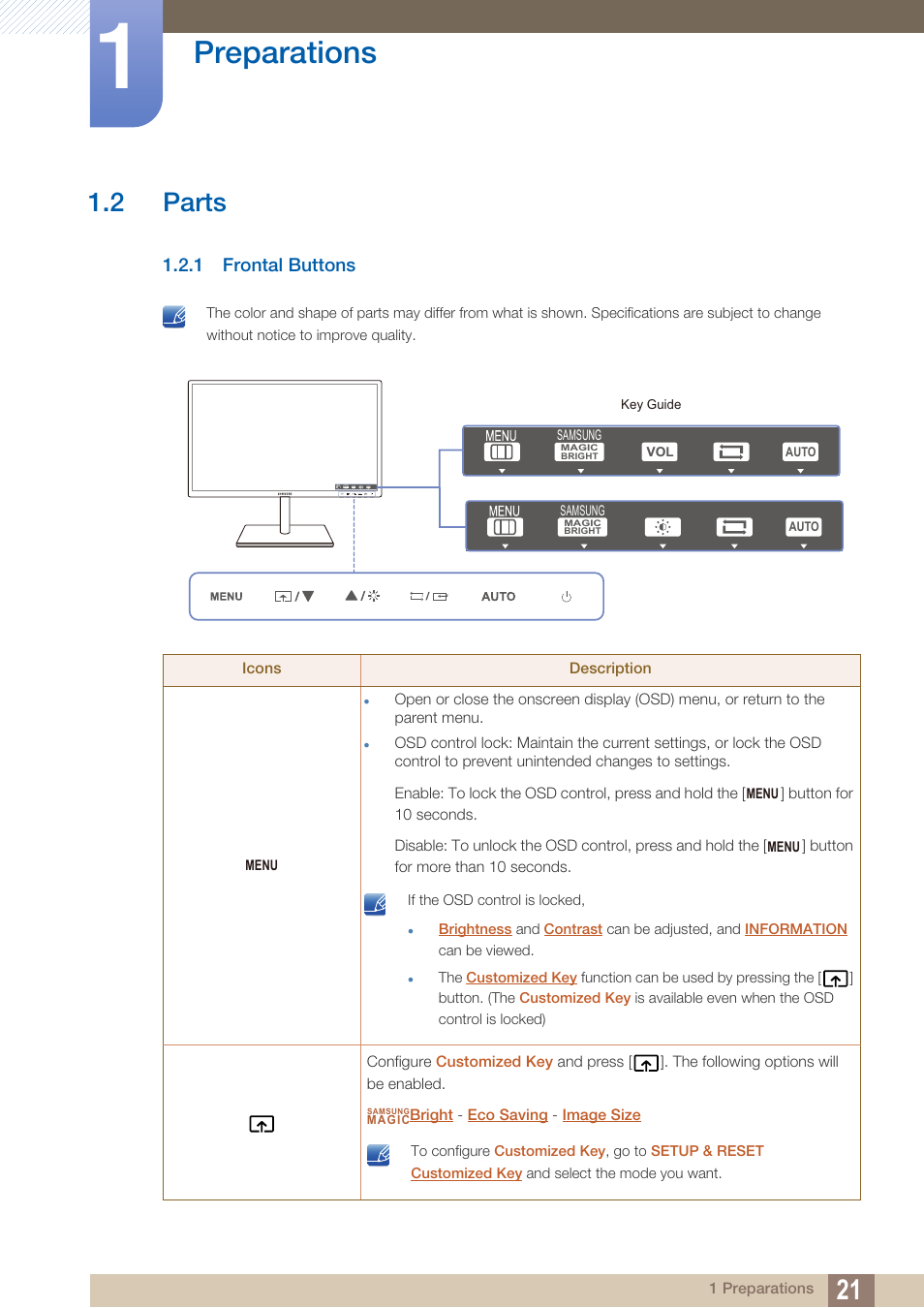 2 parts, 1 frontal buttons, Parts | Frontal buttons, Preparations | Samsung LS24C750PS-ZA User Manual | Page 21 / 97