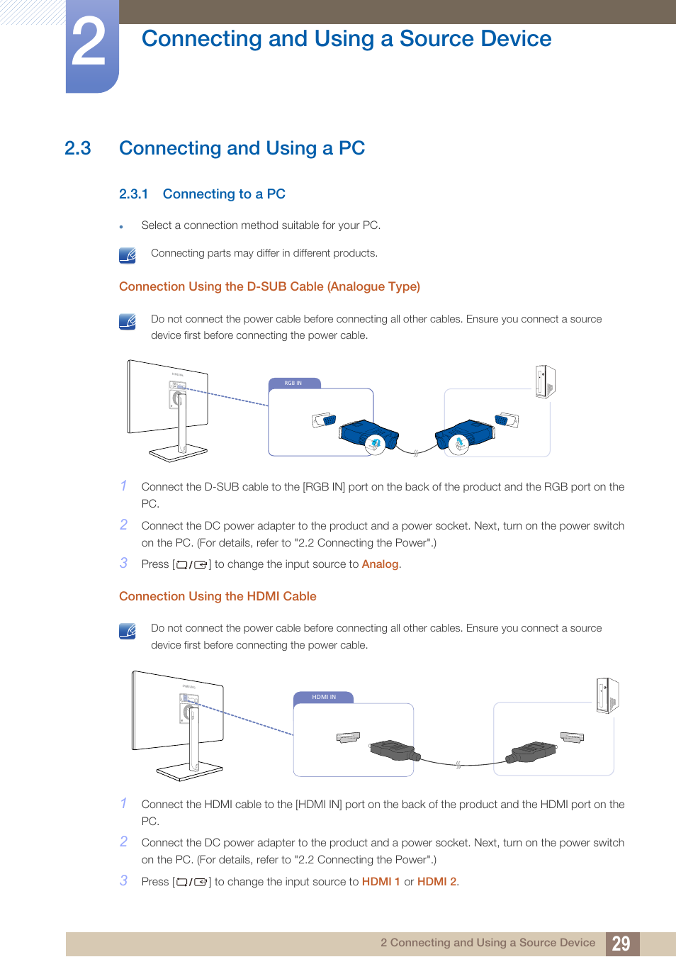 3 connecting and using a pc, 1 connecting to a pc, Connecting and using a pc | Connecting to a pc, Connecting and using a source device | Samsung LS24C750PS-ZA User Manual | Page 29 / 97