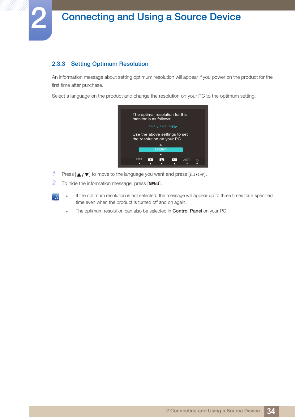 3 setting optimum resolution, Setting optimum resolution, Connecting and using a source device | Samsung LS24C750PS-ZA User Manual | Page 34 / 97