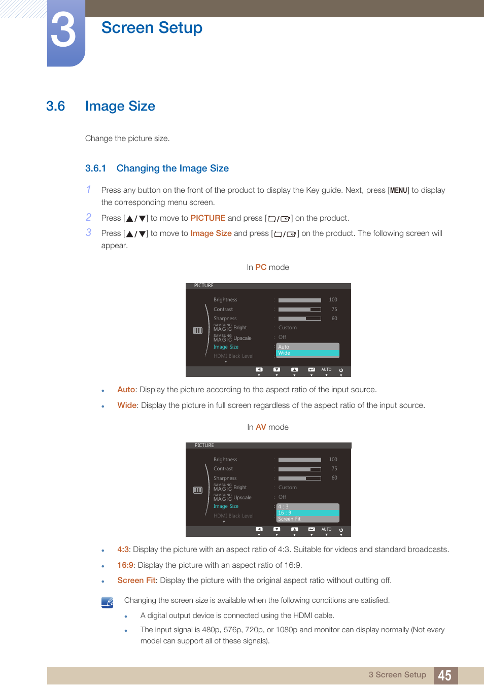 6 image size, 1 changing the image size, Image size | Changing the image size, Screen setup | Samsung LS24C750PS-ZA User Manual | Page 45 / 97