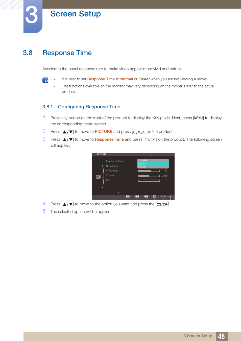 8 response time, 1 configuring response time, Response time | Configuring response time, Screen setup | Samsung LS24C750PS-ZA User Manual | Page 48 / 97