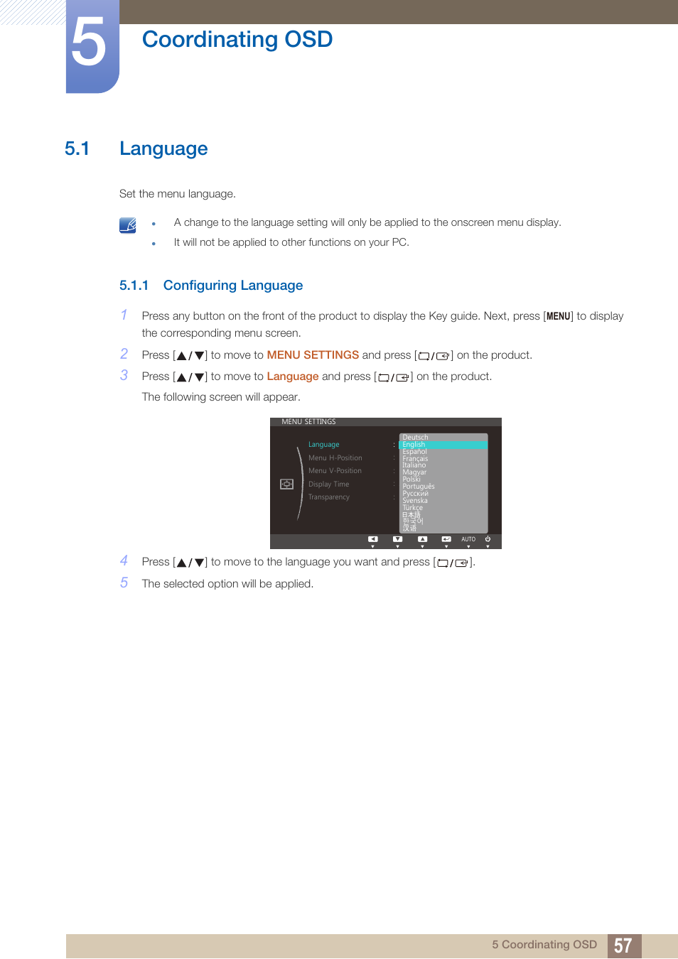 Coordinating osd, 1 language, 1 configuring language | Language, Configuring language | Samsung LS24C750PS-ZA User Manual | Page 57 / 97