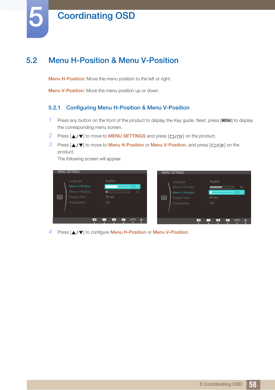 2 menu h-position & menu v-position, 1 configuring menu h-position & menu v-position, Menu h-position & menu v-position | Configuring menu h-position & menu v- position, Coordinating osd | Samsung LS24C750PS-ZA User Manual | Page 58 / 97